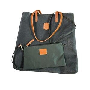 Bric's Tote Bag with Detachable Pouch Dark Olive Green Canvas Leather Trim